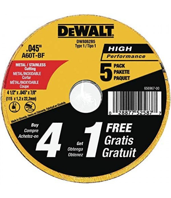 DEWALT Cutting Wheel, General Purpose Metal Cutting, 4-1/2-Inch, 5-Pack (DW8062B5)