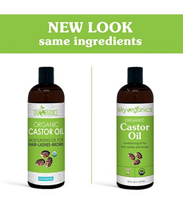 Castor Oil USDA Organic Cold-Pressed (16oz) 100% Pure Hexane-Free Castor Oil - Conditioning & Healing, For Dry Skin, Hair Growth - For Skin, Hair Care, Eyelashes - Caster Oil By Sky Organics