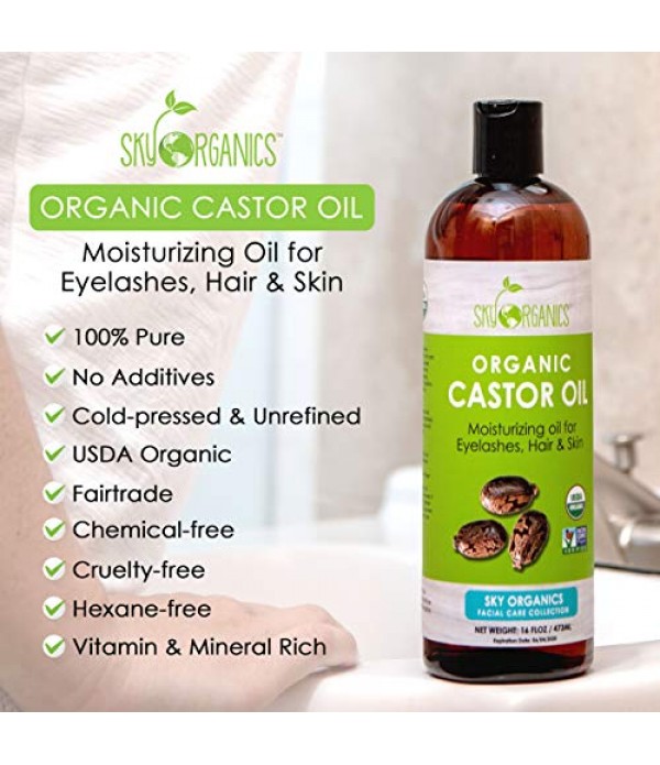 Castor Oil USDA Organic Cold-Pressed (16oz) 100% Pure Hexane-Free Castor Oil - Conditioning & Healing, For Dry Skin, Hair Growth - For Skin, Hair Care, Eyelashes - Caster Oil By Sky Organics