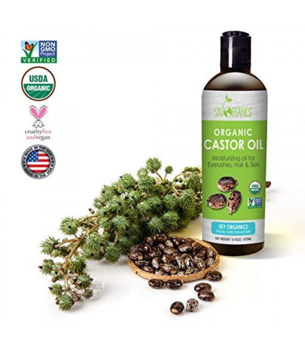 Castor Oil USDA Organic Cold-Pressed (16oz) 100% Pure Hexane-Free Castor Oil - Conditioning & Healing, For Dry Skin, Hair Growth - For Skin, Hair Care, Eyelashes - Caster Oil By Sky Organics
