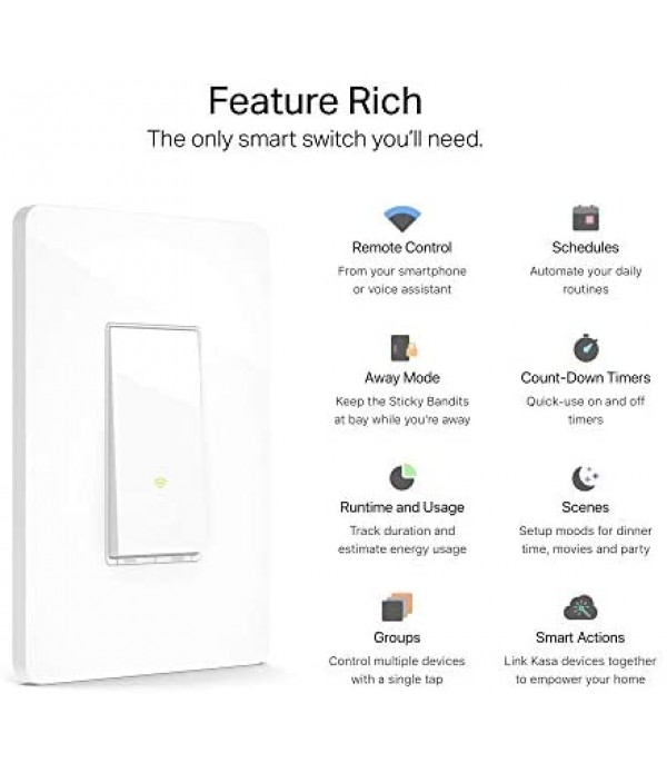 Kasa Smart (HS200) Light Switch by TP-Link, Single Pole, Needs Neutral Wire, 2.4Ghz WiFi Light Switch Works with Alexa and Google Assistant, UL Certified, 1-Pack, White
