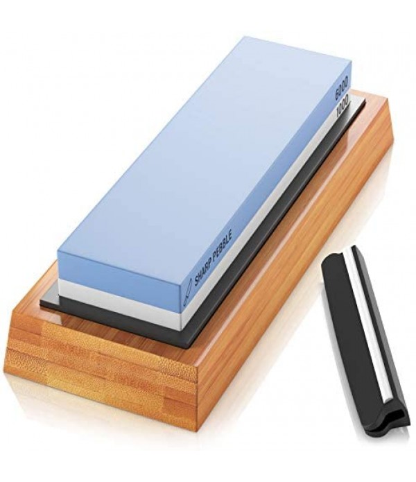 Sharp Pebble Premium Whetstone Knife Sharpening Stone 2 Side Grit 1000/6000 Waterstone- Whetstone Knife Sharpener- NonSlip Bamboo Base & Angle Guide