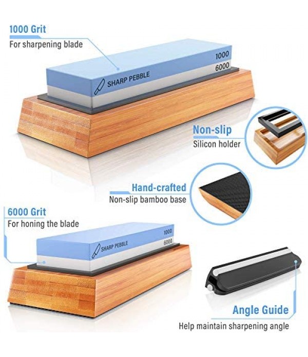 Sharp Pebble Premium Whetstone Knife Sharpening Stone 2 Side Grit 1000/6000 Waterstone- Whetstone Knife Sharpener- NonSlip Bamboo Base & Angle Guide