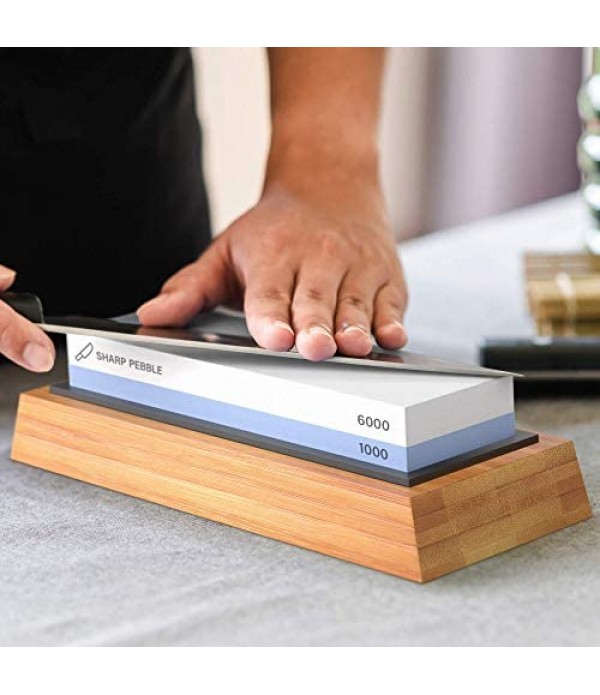 Sharp Pebble Premium Whetstone Knife Sharpening Stone 2 Side Grit 1000/6000 Waterstone- Whetstone Knife Sharpener- NonSlip Bamboo Base & Angle Guide