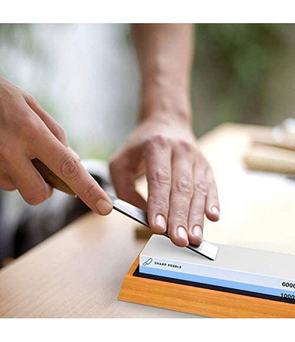 Sharp Pebble Premium Whetstone Knife Sharpening Stone 2 Side Grit 1000/6000 Waterstone- Whetstone Knife Sharpener- NonSlip Bamboo Base & Angle Guide