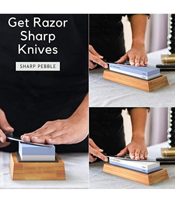 Sharp Pebble Premium Whetstone Knife Sharpening Stone 2 Side Grit 1000/6000 Waterstone- Whetstone Knife Sharpener- NonSlip Bamboo Base & Angle Guide