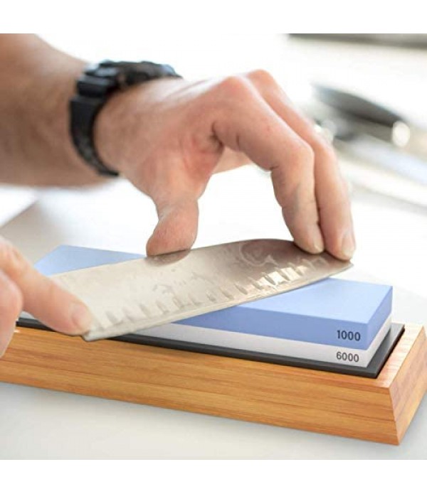 Sharp Pebble Premium Whetstone Knife Sharpening Stone 2 Side Grit 1000/6000 Waterstone- Whetstone Knife Sharpener- NonSlip Bamboo Base & Angle Guide