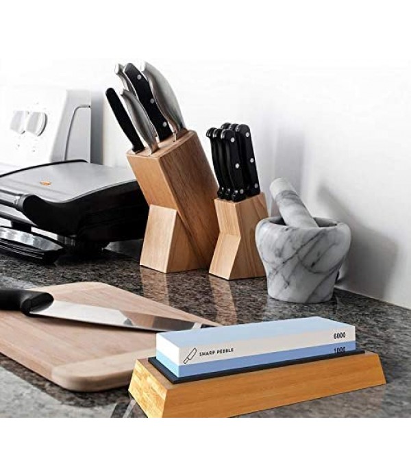 Sharp Pebble Premium Whetstone Knife Sharpening Stone 2 Side Grit 1000/6000 Waterstone- Whetstone Knife Sharpener- NonSlip Bamboo Base & Angle Guide