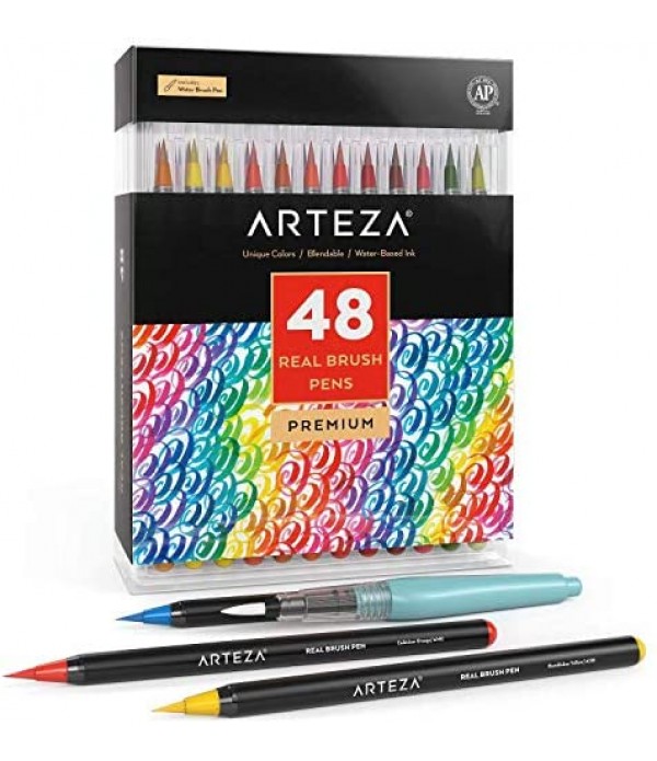 Arteza Real Brush Pens, 48 Colors for Watercolor Painting with Flexible Nylon Brush Tips, Paint Markers for Coloring, Calligraphy and Drawing with Water Brush for Artists and Beginner Painters