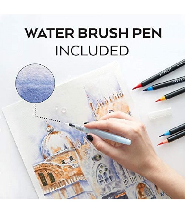 Arteza Real Brush Pens, 48 Colors for Watercolor Painting with Flexible Nylon Brush Tips, Paint Markers for Coloring, Calligraphy and Drawing with Water Brush for Artists and Beginner Painters