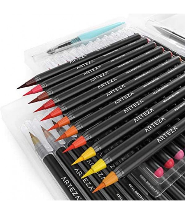 Arteza Real Brush Pens, 48 Colors for Watercolor Painting with Flexible Nylon Brush Tips, Paint Markers for Coloring, Calligraphy and Drawing with Water Brush for Artists and Beginner Painters