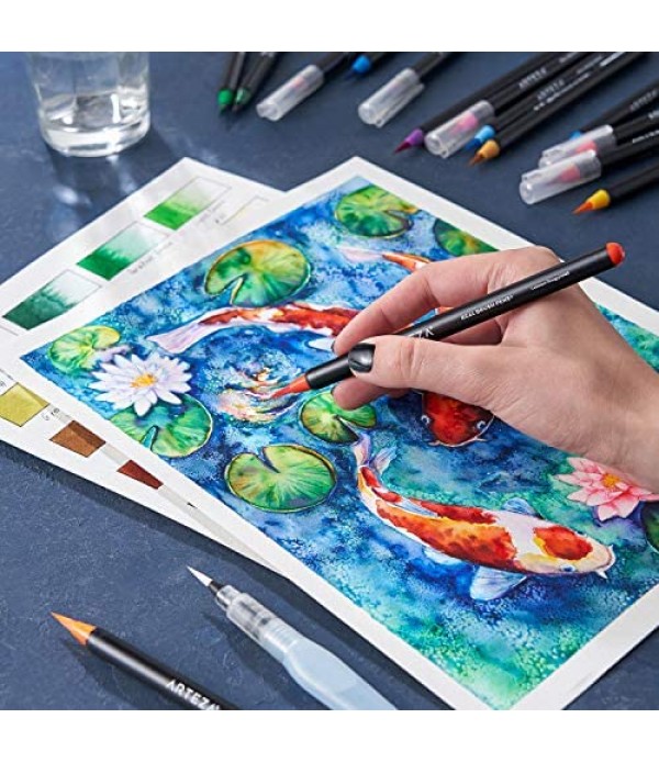 Arteza Real Brush Pens, 48 Colors for Watercolor Painting with Flexible Nylon Brush Tips, Paint Markers for Coloring, Calligraphy and Drawing with Water Brush for Artists and Beginner Painters