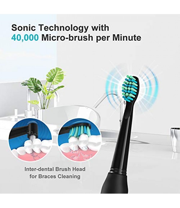 Fairywill Electric Toothbrush Powerful Sonic Cleaning - ADA Accepted Rechargeable Toothbrush with Timer, 5 Modes, 4 Brush Heads, 4 Hr Charge Last 30 Days Whitening Toothbrush for Adults and Kids Black
