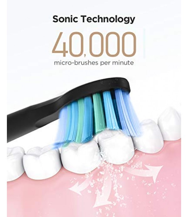 Fairywill Electric Toothbrush Powerful Sonic Cleaning - ADA Accepted Rechargeable Toothbrush with Timer, 5 Modes, 4 Brush Heads, 4 Hr Charge Last 30 Days Whitening Toothbrush for Adults and Kids Black