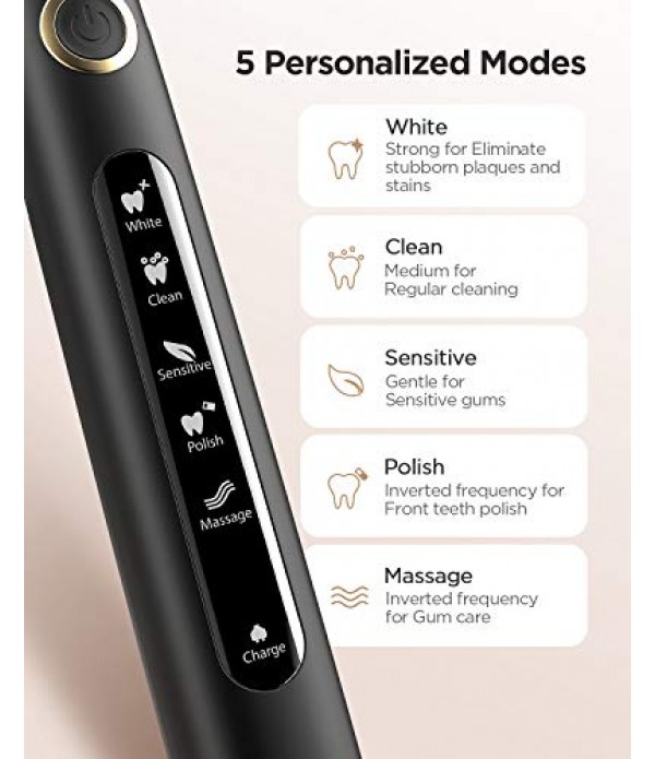 Fairywill Electric Toothbrush Powerful Sonic Cleaning - ADA Accepted Rechargeable Toothbrush with Timer, 5 Modes, 4 Brush Heads, 4 Hr Charge Last 30 Days Whitening Toothbrush for Adults and Kids Black