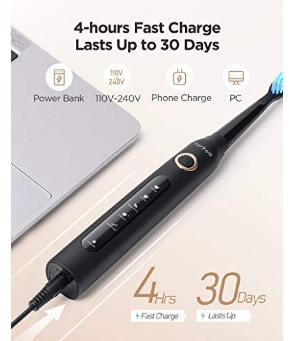Fairywill Electric Toothbrush Powerful Sonic Cleaning - ADA Accepted Rechargeable Toothbrush with Timer, 5 Modes, 4 Brush Heads, 4 Hr Charge Last 30 Days Whitening Toothbrush for Adults and Kids Black