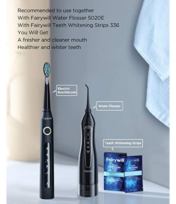 Fairywill Electric Toothbrush Powerful Sonic Cleaning - ADA Accepted Rechargeable Toothbrush with Timer, 5 Modes, 4 Brush Heads, 4 Hr Charge Last 30 Days Whitening Toothbrush for Adults and Kids Black
