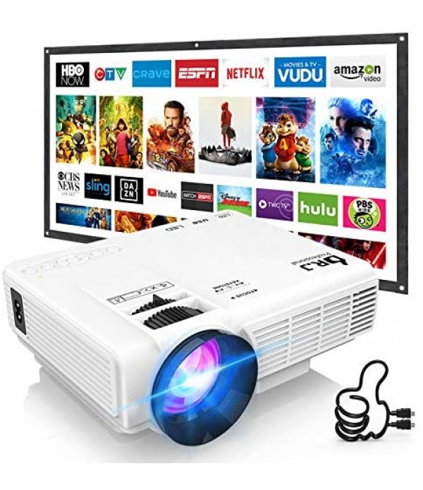 DR. J Professional HI-04 Mini Projector Outdoor Movie Projector with 100Inch Projector Screen, 1080P Supported Compatible with TV Stick, Video Games, HDMI,USB,TF,VGA,AUX,AV [Latest Upgrade]
