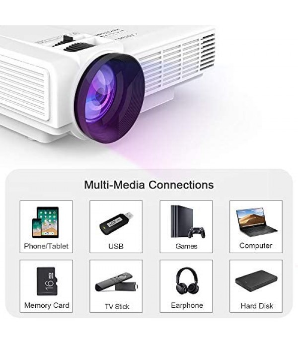 DR. J Professional HI-04 Mini Projector Outdoor Movie Projector with 100Inch Projector Screen, 1080P Supported Compatible with TV Stick, Video Games, HDMI,USB,TF,VGA,AUX,AV [Latest Upgrade]