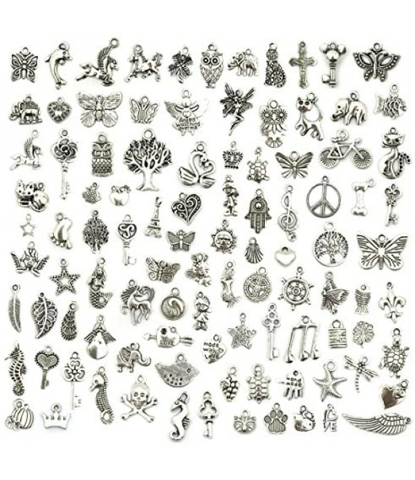 JIALEEY Wholesale Bulk Lots Jewelry Making Silver Charms Mixed Smooth Tibetan Silver Metal Charms Pendants DIY for Necklace Bracelet Jewelry Making and Crafting, 100 PCS