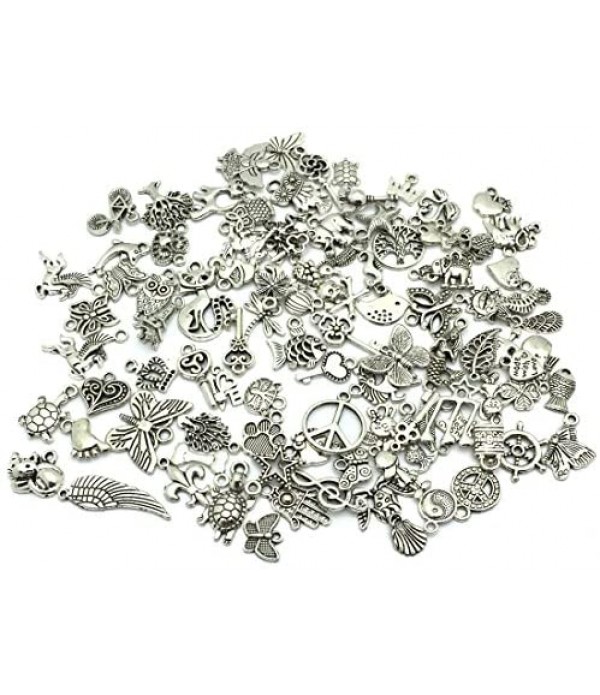 JIALEEY Wholesale Bulk Lots Jewelry Making Silver Charms Mixed Smooth Tibetan Silver Metal Charms Pendants DIY for Necklace Bracelet Jewelry Making and Crafting, 100 PCS