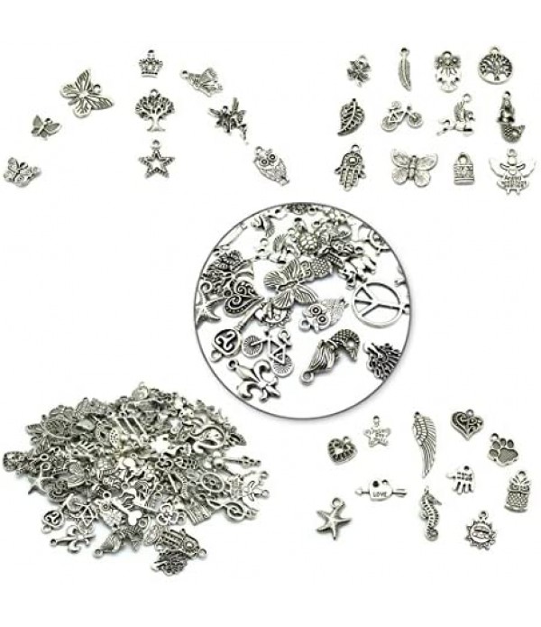 JIALEEY Wholesale Bulk Lots Jewelry Making Silver Charms Mixed Smooth Tibetan Silver Metal Charms Pendants DIY for Necklace Bracelet Jewelry Making and Crafting, 100 PCS