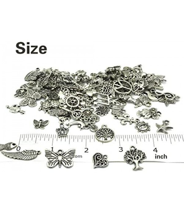 JIALEEY Wholesale Bulk Lots Jewelry Making Silver Charms Mixed Smooth Tibetan Silver Metal Charms Pendants DIY for Necklace Bracelet Jewelry Making and Crafting, 100 PCS
