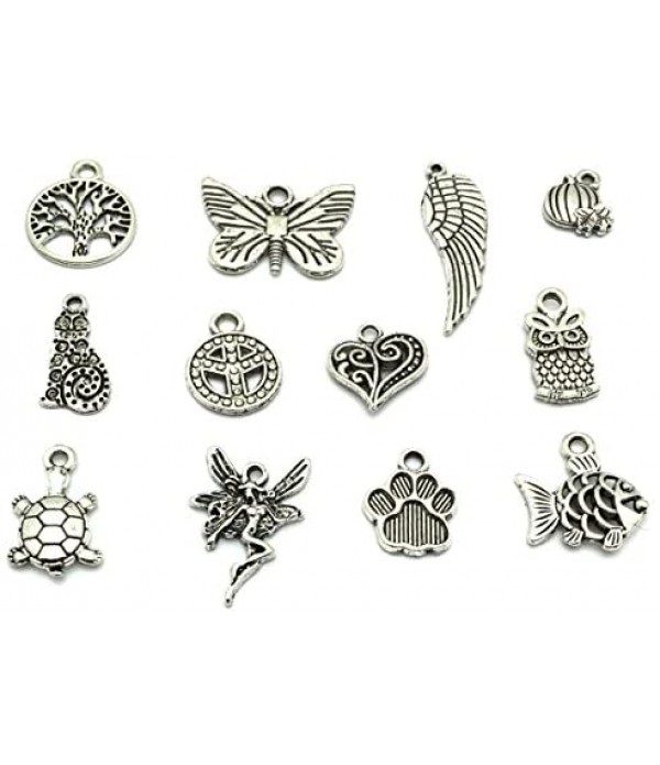 JIALEEY Wholesale Bulk Lots Jewelry Making Silver Charms Mixed Smooth Tibetan Silver Metal Charms Pendants DIY for Necklace Bracelet Jewelry Making and Crafting, 100 PCS