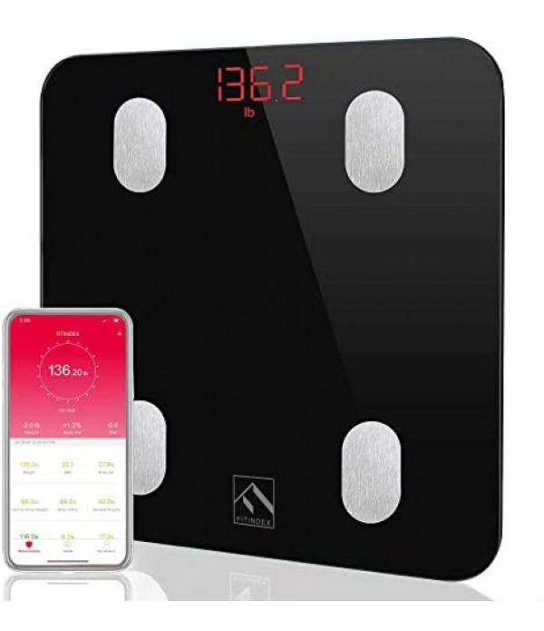 FITINDEX Bluetooth Body Fat Scale, Smart Wireless BMI Bathroom Weight Scale Body Composition Monitor Health Analyzer with Smartphone App for Body Weight, Fat, Water, BMI, BMR, Muscle Mass - White