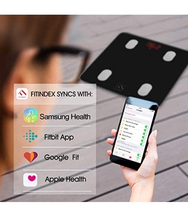FITINDEX Bluetooth Body Fat Scale, Smart Wireless BMI Bathroom Weight Scale Body Composition Monitor Health Analyzer with Smartphone App for Body Weight, Fat, Water, BMI, BMR, Muscle Mass - White