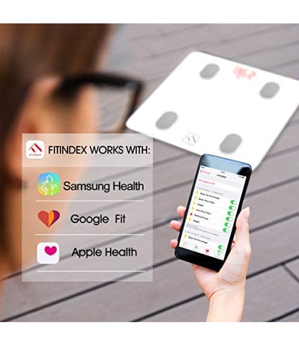 FITINDEX Bluetooth Body Fat Scale, Smart Wireless BMI Bathroom Weight Scale Body Composition Monitor Health Analyzer with Smartphone App for Body Weight, Fat, Water, BMI, BMR, Muscle Mass - White