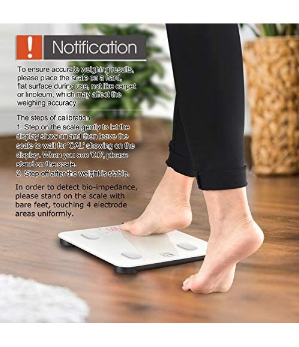 FITINDEX Bluetooth Body Fat Scale, Smart Wireless BMI Bathroom Weight Scale Body Composition Monitor Health Analyzer with Smartphone App for Body Weight, Fat, Water, BMI, BMR, Muscle Mass - White