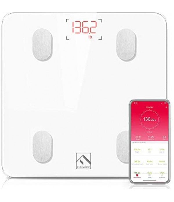 FITINDEX Bluetooth Body Fat Scale, Smart Wireless BMI Bathroom Weight Scale Body Composition Monitor Health Analyzer with Smartphone App for Body Weight, Fat, Water, BMI, BMR, Muscle Mass - White