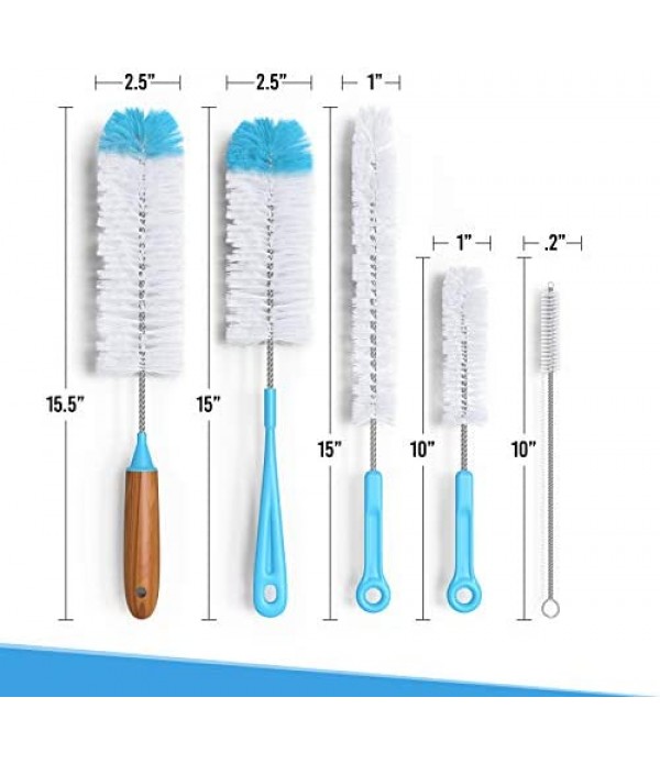 Bottle Brush Cleaner 5 Pack - Long Water Bottle and Straw Cleaning Brush - Kitchen Wire Scrub Set for Washing, Wine Decanter, Baby, Kombucha, Pipes, Hydro Flask Tumbler, Sinks, Beer Brewing Supplies