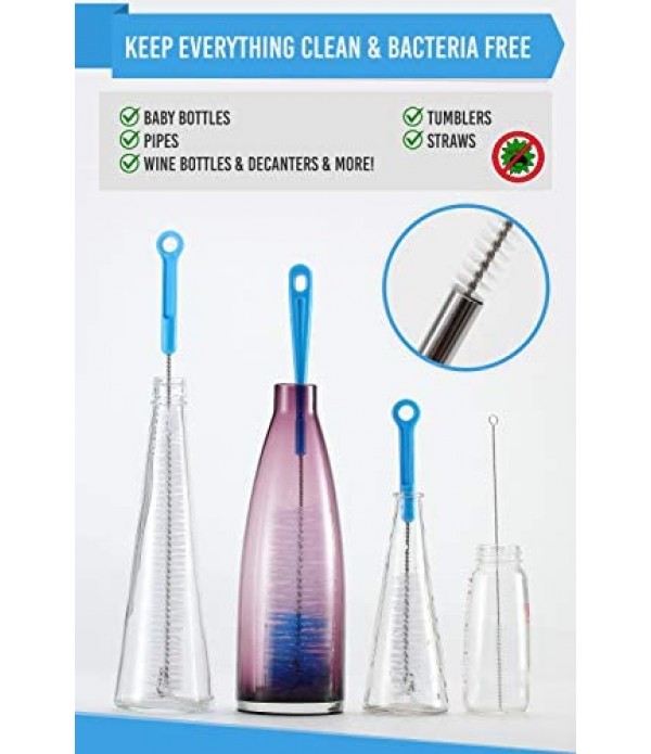 Bottle Brush Cleaner 5 Pack - Long Water Bottle and Straw Cleaning Brush - Kitchen Wire Scrub Set for Washing, Wine Decanter, Baby, Kombucha, Pipes, Hydro Flask Tumbler, Sinks, Beer Brewing Supplies
