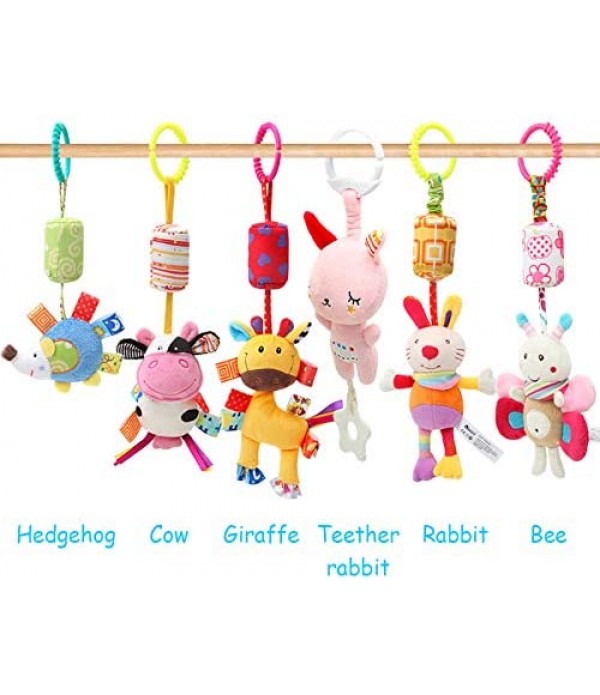 WILNARA 6 Pack Rattle Toys Hanging Bell Animal + Music Teethers Rabbit Toy for 0-12 Months Baby Stroller Gift