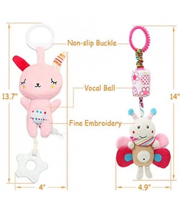 WILNARA 6 Pack Rattle Toys Hanging Bell Animal + Music Teethers Rabbit Toy for 0-12 Months Baby Stroller Gift