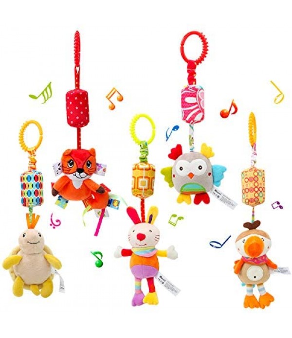WILNARA 6 Pack Rattle Toys Hanging Bell Animal + Music Teethers Rabbit Toy for 0-12 Months Baby Stroller Gift