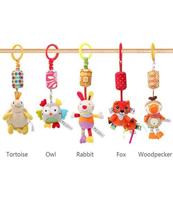 WILNARA 6 Pack Rattle Toys Hanging Bell Animal + Music Teethers Rabbit Toy for 0-12 Months Baby Stroller Gift