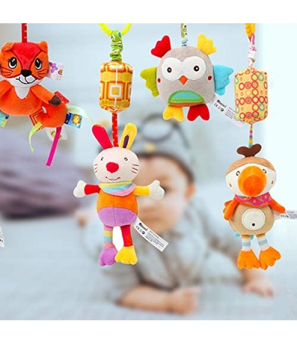 WILNARA 6 Pack Rattle Toys Hanging Bell Animal + Music Teethers Rabbit Toy for 0-12 Months Baby Stroller Gift
