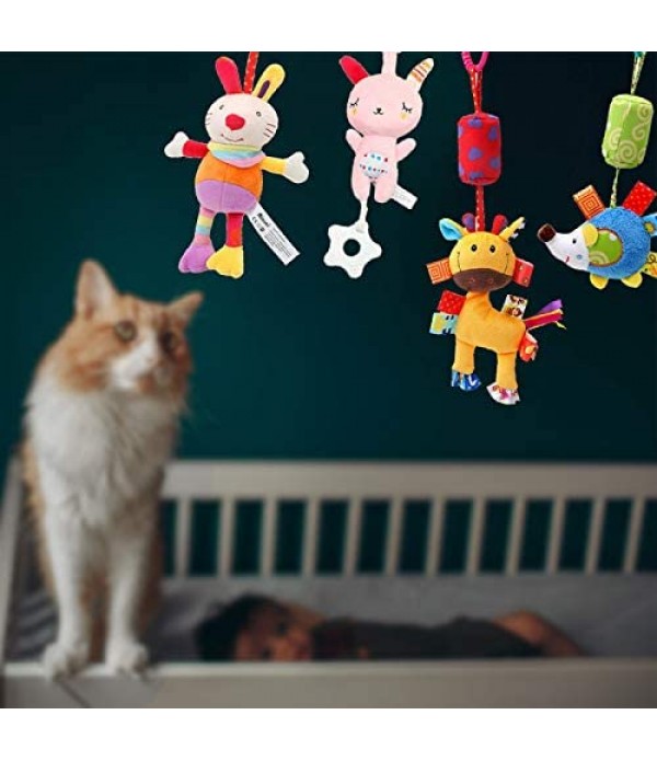 WILNARA 6 Pack Rattle Toys Hanging Bell Animal + Music Teethers Rabbit Toy for 0-12 Months Baby Stroller Gift