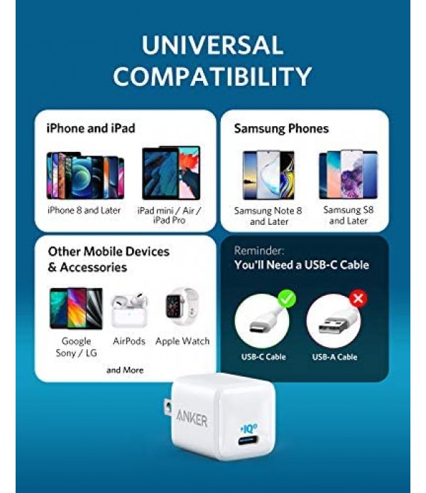 [Upgraded] Anker Nano iPhone Charger, 20W PIQ 3.0 Durable Compact Fast Charger, PowerPort III USB-C Charger for iPhone 12/12 Mini/12 Pro/12 Pro Max, Galaxy, Pixel 4/3, iPad Pro, AirPods Pro, and More