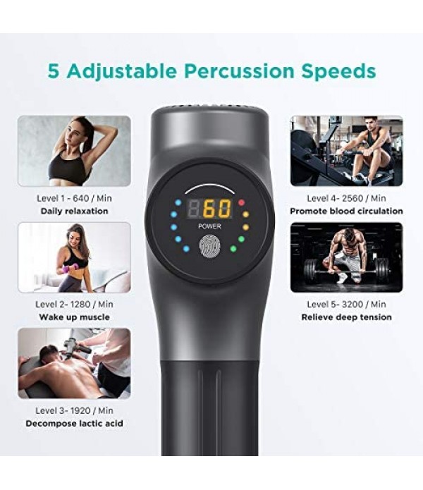 Massager Gun Deep Tissue Percussion Muscle Massage for Pain Relief, Super Quiet Portable Neck Back Body Relaxation Electric Drill Sport Massager Brushless Motor with 7 Attachment 5 Speeds Mebak3