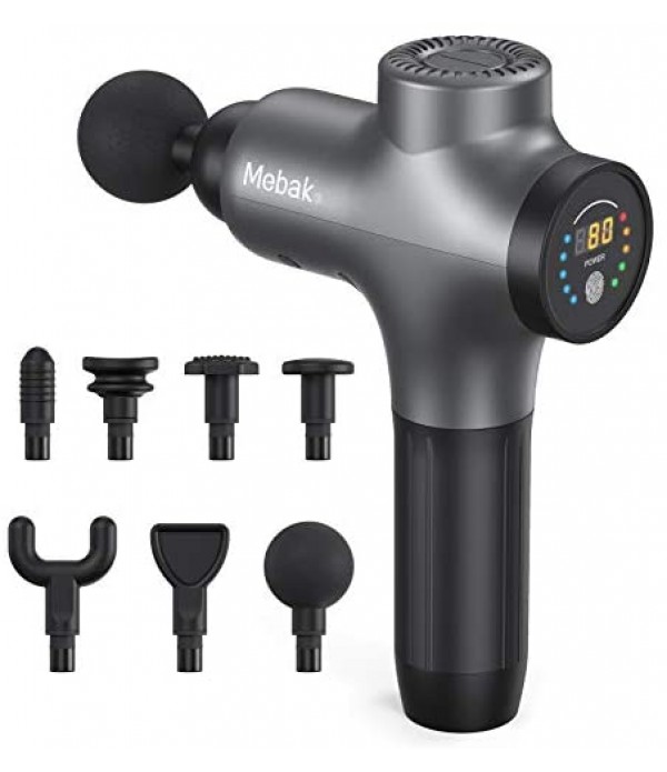 Massager Gun Deep Tissue Percussion Muscle Massage for Pain Relief, Super Quiet Portable Neck Back Body Relaxation Electric Drill Sport Massager Brushless Motor with 7 Attachment 5 Speeds Mebak3