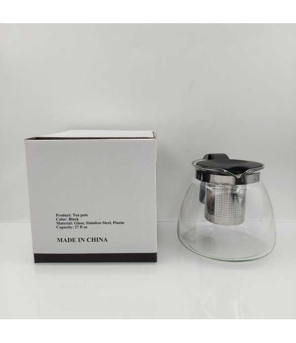 Dnogom Black Glass Tea Pot with Stainless Steel and Plastic Accents, 27 fl oz Capacity Wish