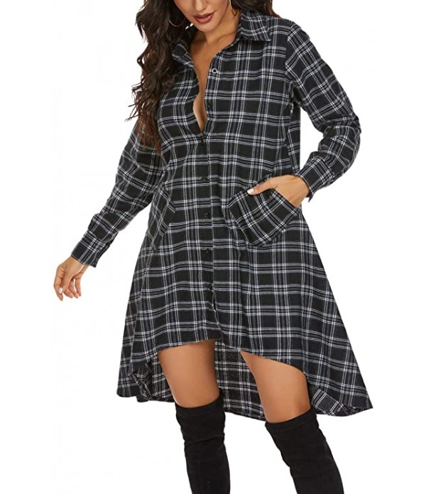 OLRAIN Womens New Plaids Irregular Hem Casual Shir...