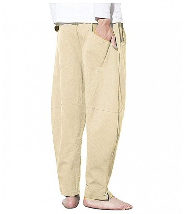 AITFINEISM Men Cotton Linen Yoga Pant Casual Drawstring Loose Fit Baggy Harem Pants